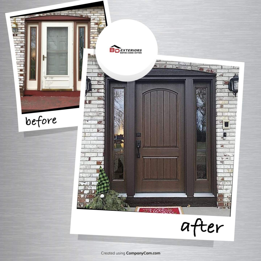 New Bayer Built dark stain front door with sidelights installed in Clearwater, MN.