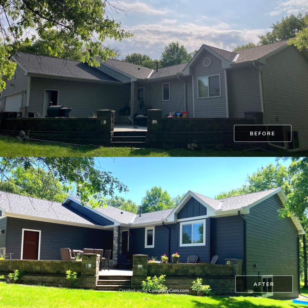 Before and after image of a house with new blue siding windows and doors.