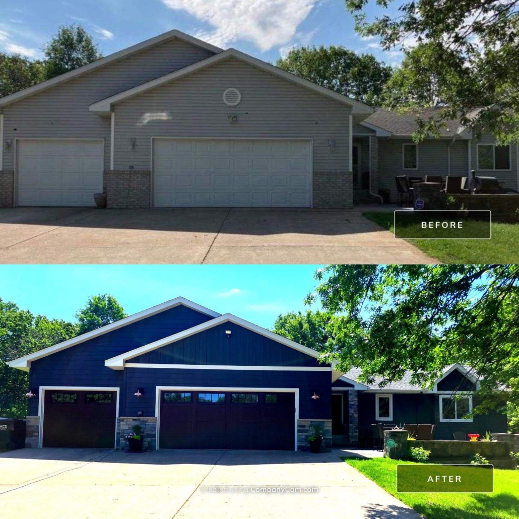 Before and after image of a house with new blue siding windows and doors.