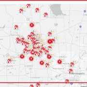 A map of reviews focused on Central Minnesota.