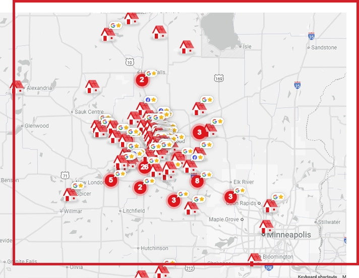 A map of reviews focused on Central Minnesota.