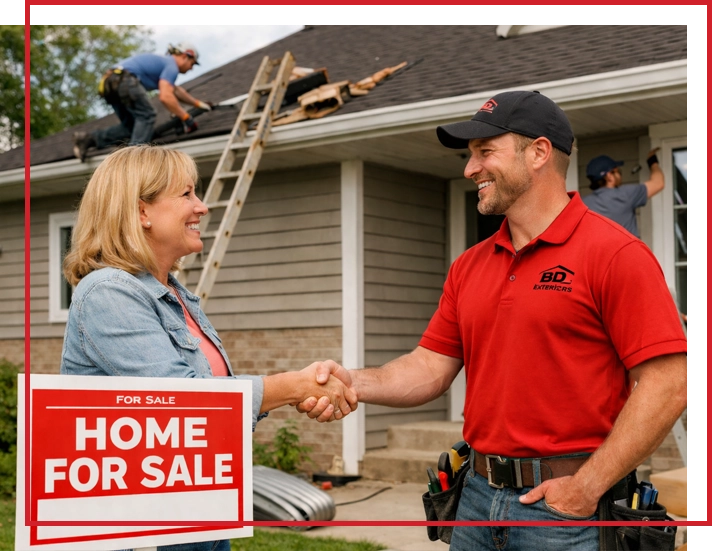 A contractor shaking hands with a homeowner in front of a house for sale.