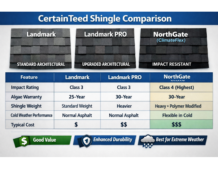 A comparison chart of CertainTeed shingles.
