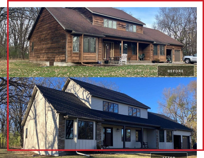 Before-and-after photos of a Minnesota home that underwent a complete exterior transformation.