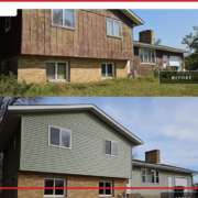 A before-and-after photo of a house that got an exterior makeover.