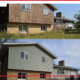 A before-and-after photo of a house that got an exterior makeover.