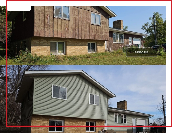 A before-and-after photo of a house that got an exterior makeover.