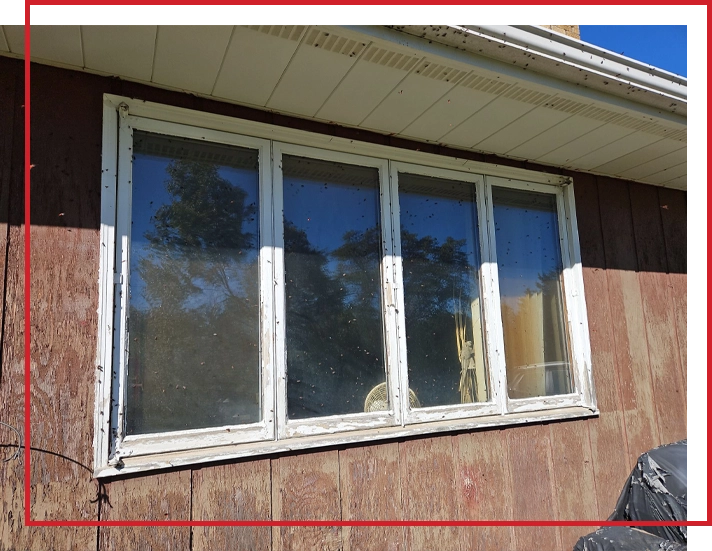 Old windows and siding on a house.