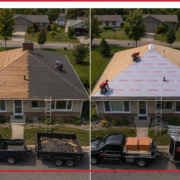 A before and after photo of a house undergoing a roof replacement.