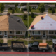 A before and after photo of a house undergoing a roof replacement.