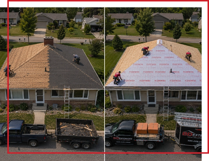 A before and after photo of a house undergoing a roof replacement.