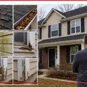 Homeowner inspecting the exterior of a Minnesota home in the fall while identifying early warning signs on the roof, siding, gutters, windows, and doors.