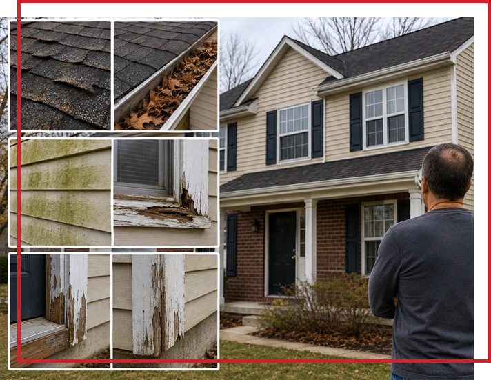 Homeowner inspecting the exterior of a Minnesota home in the fall while identifying early warning signs on the roof, siding, gutters, windows, and doors.