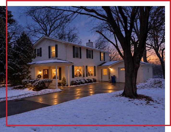 A house with the lights on inside during winter.