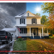 An image depicting a home exterior in summer and winter.