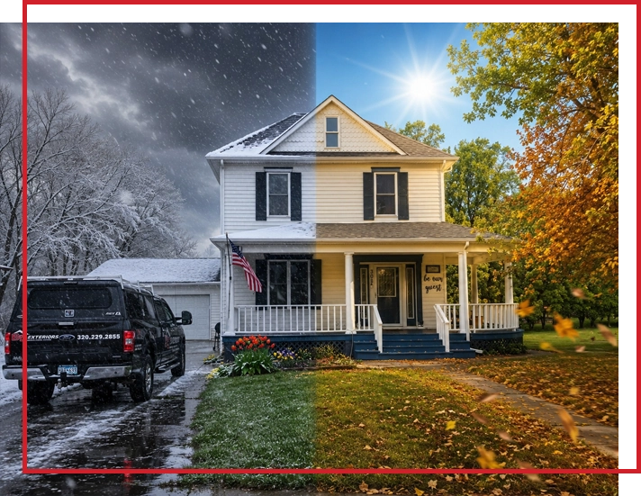 An image depicting a home exterior in summer and winter.